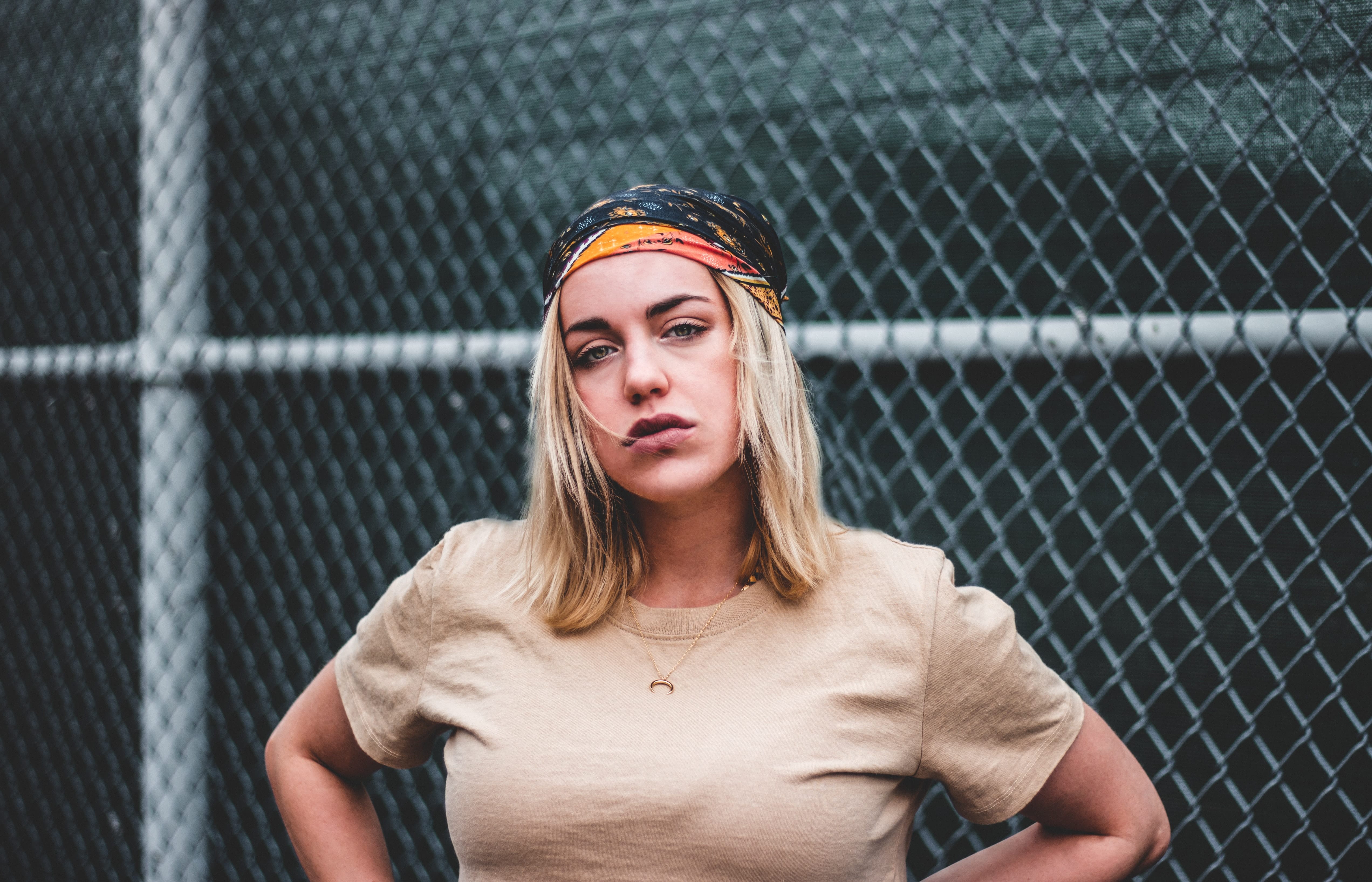 Flat blonde hair changes with a bandana as decorative